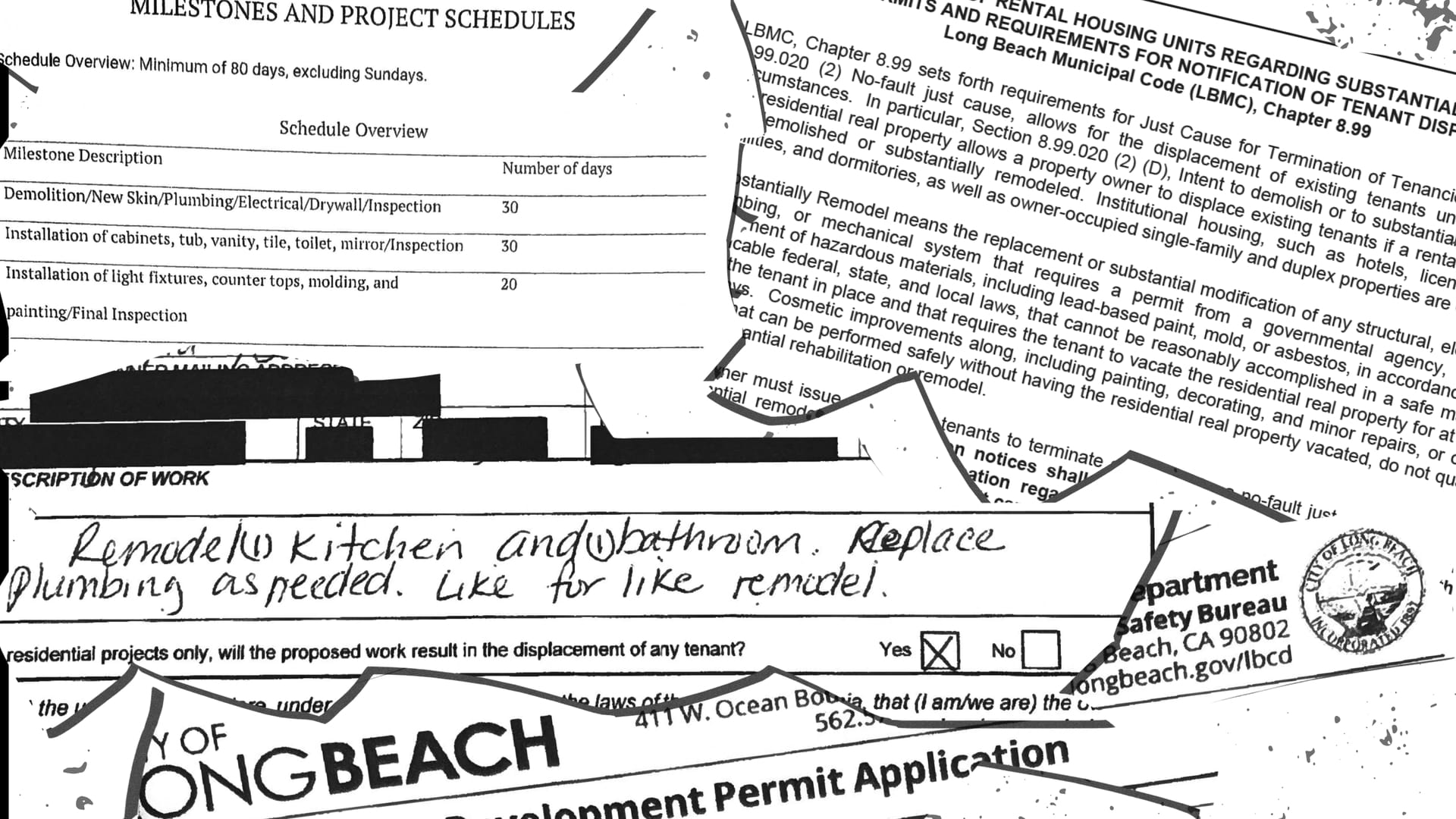 Illustrative collage of various documents related to substantial remodel evictions in Long Beach.